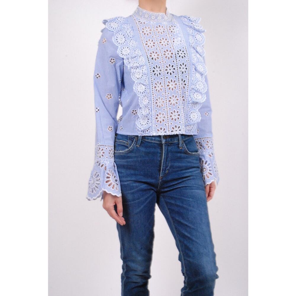 Sea Exploded New York Exploded Eyelet Ruffle Top Retail $ 345 Blue White